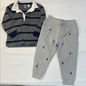 Ralph Lauren Gray & Navy Striped Rugby Top with Gray Polo Logo Sweatpants 2T